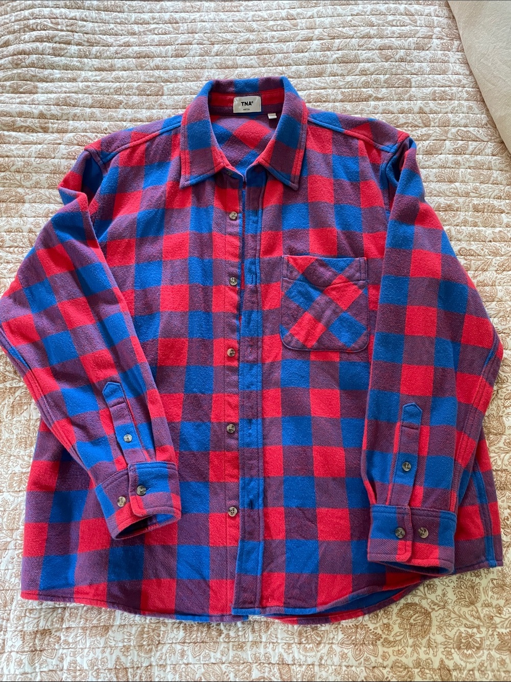 Aritzia Red and Blue Check Flannel Button-Down Shirt